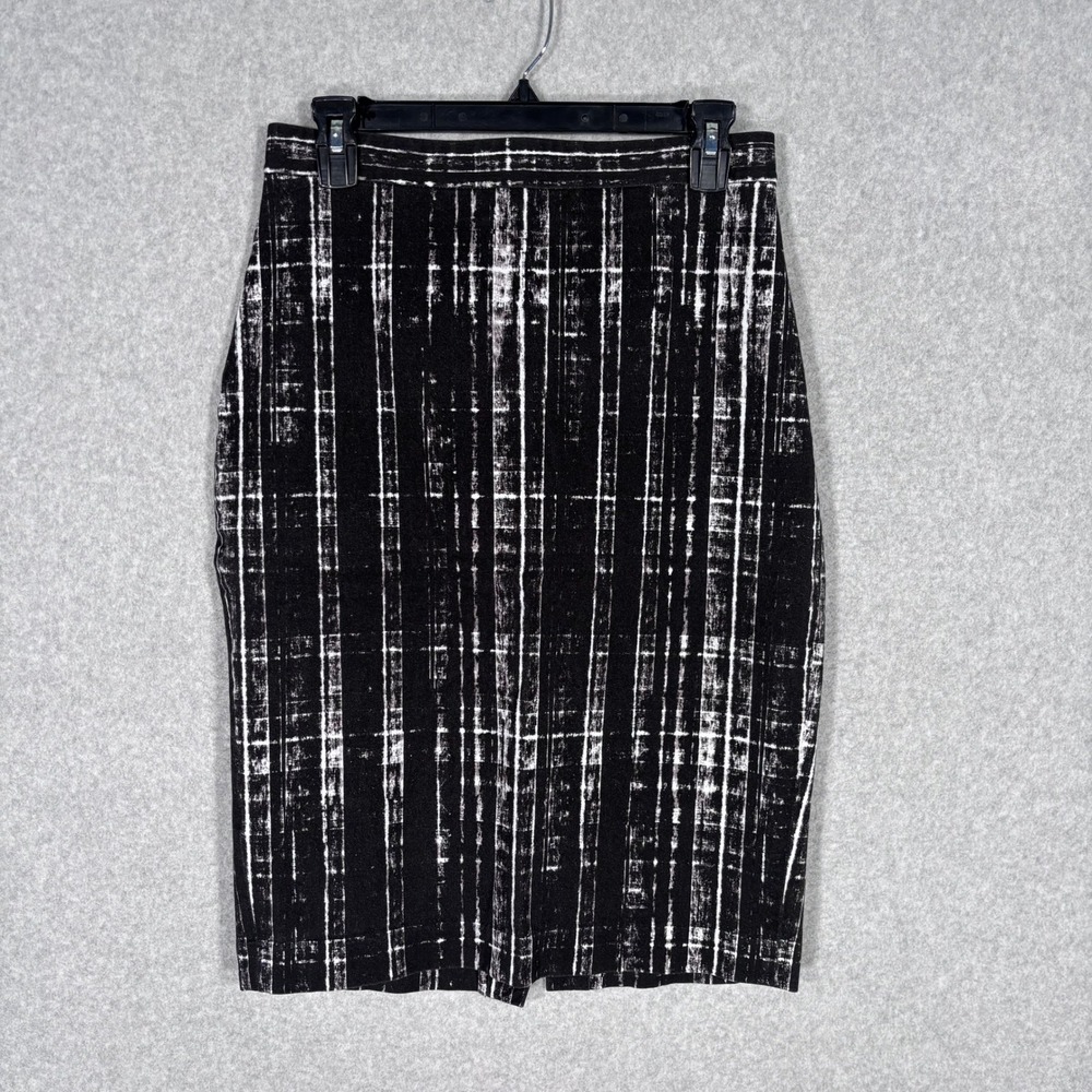 Banana Republic Pencil Skirt 10 Black White Stretch Abstract Plaid Preppy Career